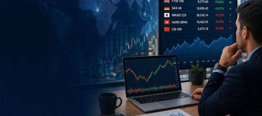 Stock indices chart with global market trading analysis.